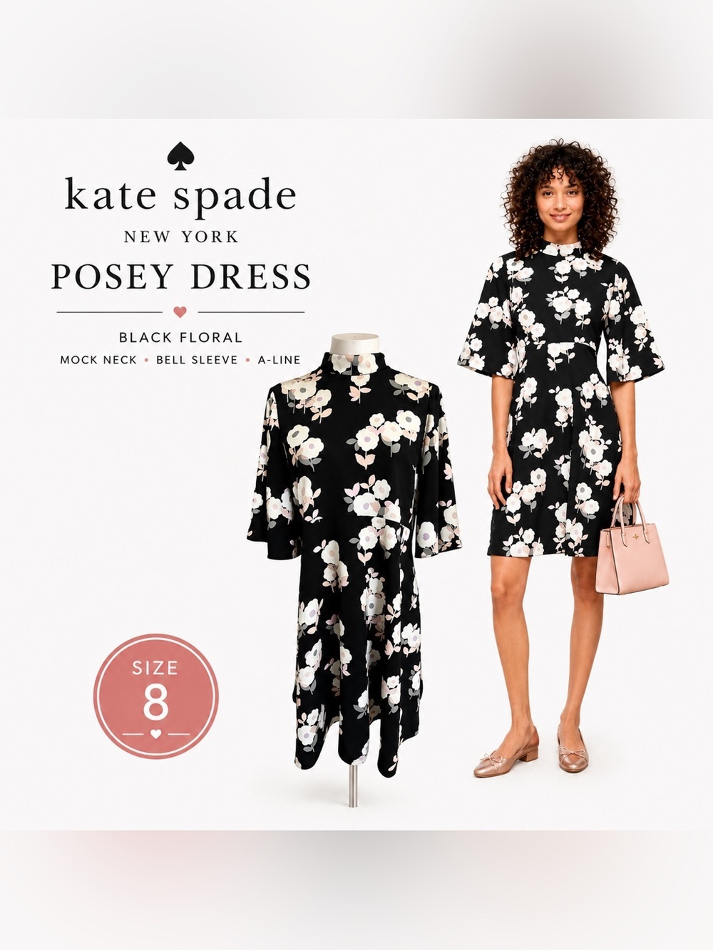 Kate Spade Posey Floral Dress 8 Mock Neck Bell Sleeve Wedding Guest Cocktail